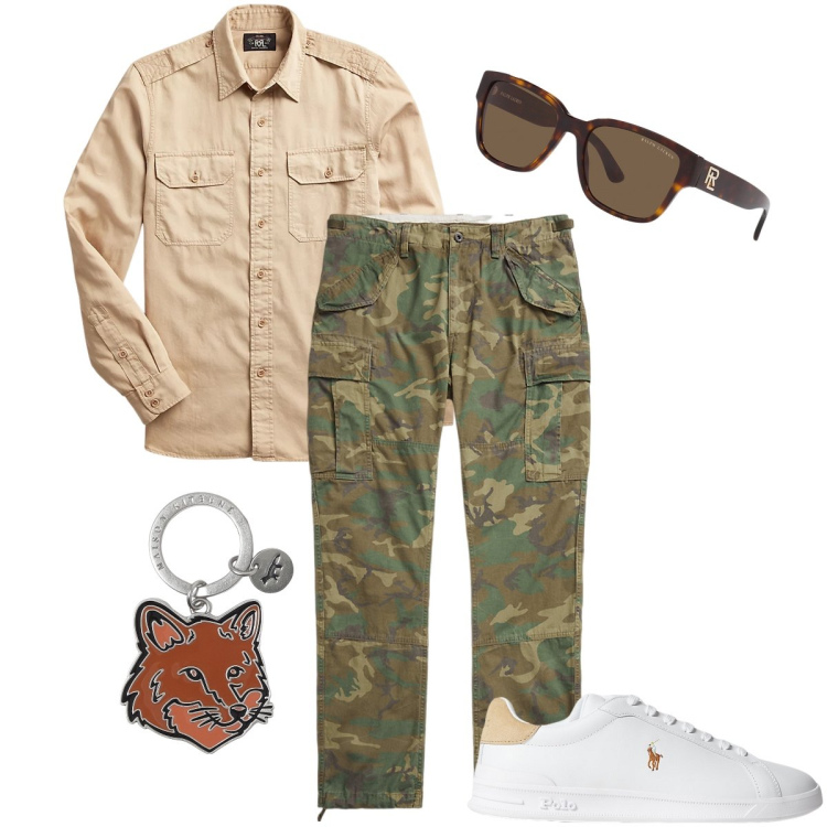 Outfit uomo - I pantaloni mimetici. Stile Trendy per Tutti i giorni. Abbinamento con occhiali da sole, pantaloni cargo, sneakers, camicie, portachiavi.