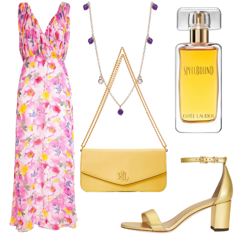 Outfit donna - Total look #1925530. Stile Chic per Cerimonia. Abbinamento con profumi, collane, vestiti lunghi, sandali in pelle, borse a spalla.