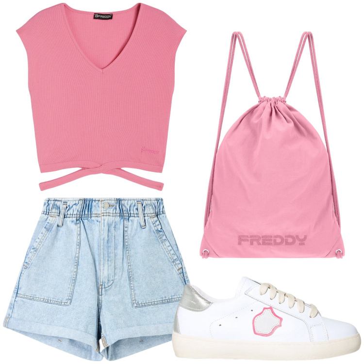 Outfit donna - Total look #1925536. Stile Trendy per Tutti i giorni. Abbinamento con shorts, sneakers, t-shirt, zaini.