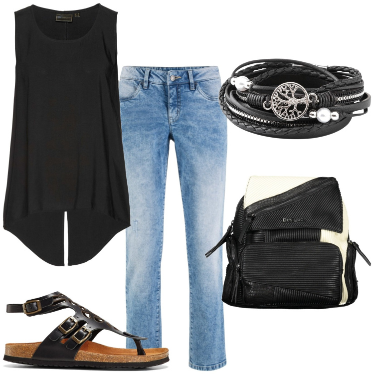 Outfit donna - Total look #1925540. Stile Urban per Tutti i giorni. Abbinamento con sandali in pelle, braccialetti, top, jeans dritti, zaini.