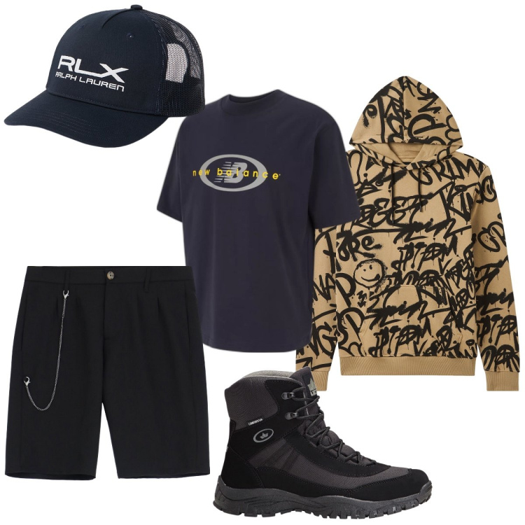Outfit uomo - Total look #1925541. Stile Urban per Tutti i giorni. Abbinamento con stivali e stivaletti, felpe con cappuccio, t-shirt, bermuda, cappelli.