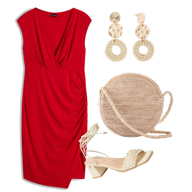 Outfit donna - Serata in rosso. Stile Chic per Serata fuori. Abbinamento con borse a tracolla, vestiti, orecchini, sandali alla schiava.