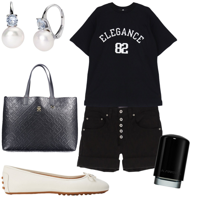 Outfit donna - Elegance con shorts. Stile Glamour per Tutti i giorni. Abbinamento con profumi, orecchini, shorts, t-shirt, ballerine, borse a spalla.