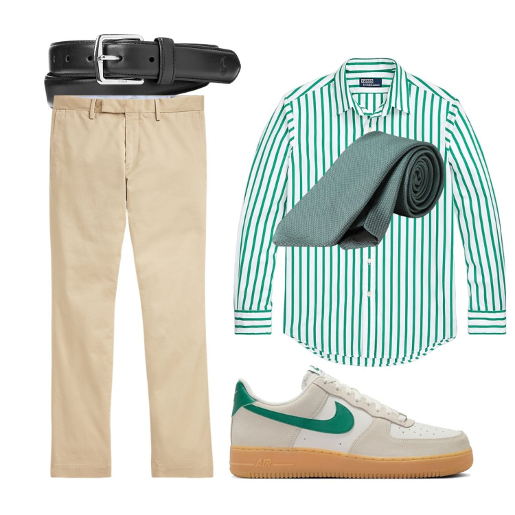 Outfit uomo - Total look #1925552. Stile Trendy per Ufficio. Abbinamento con cinture, pantaloni chino, camicie, sneakers, cravatte.