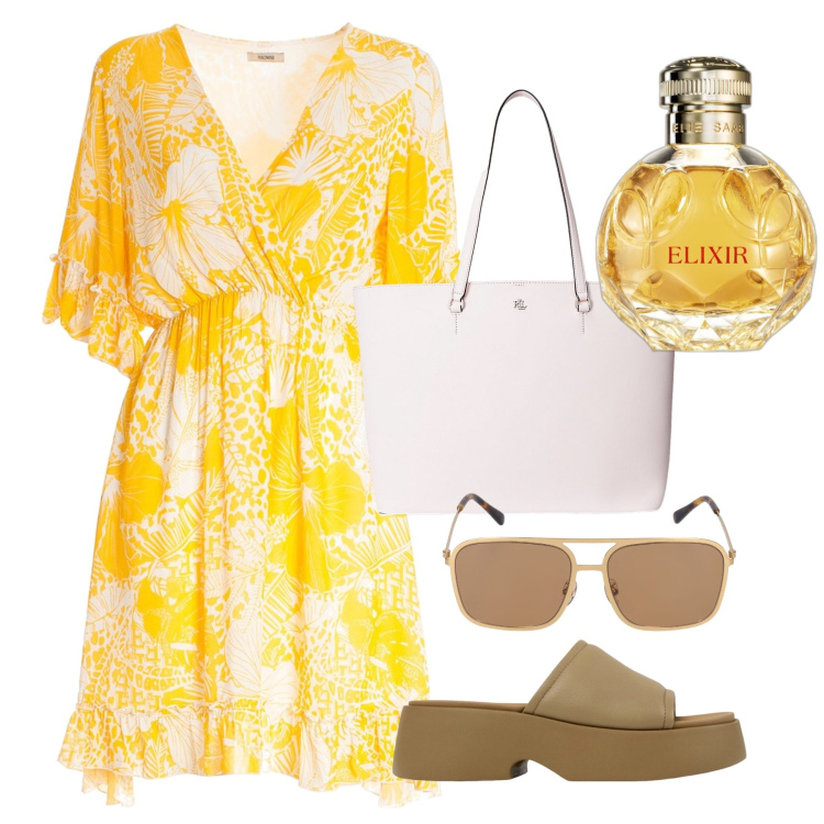 Outfit donna - Il sole di Skopelos. Stile Bon Ton per Tutti i giorni. Abbinamento con profumi, vestiti, borse tote, occhiali da sole, sandali in pelle.