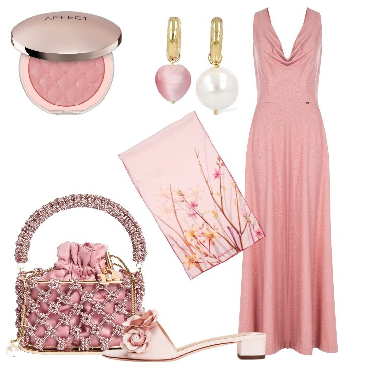 Outfit donna - Romantica per la cerimonia estiva. Stile Romantica per Cerimonia. Abbinamento con blush, vestiti lunghi, sandali in pelle, foulard, borse a mano, orecchini.