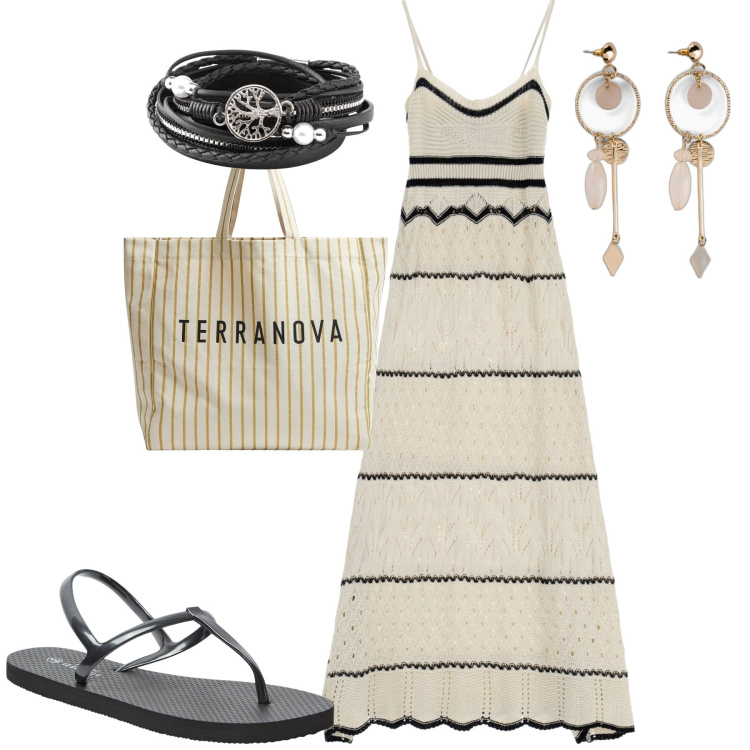 Outfit donna - All mare. Stile Casual chic per Mare. Abbinamento con orecchini, braccialetti, sandali, borse tote, vestiti lunghi.