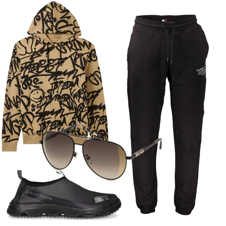 Outfit uomo - Total look #1925582. Stile Casual per Tutti i giorni. Abbinamento con felpe con cappuccio, sneakers, occhiali da sole, pantaloni.