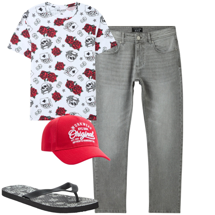 Outfit uomo - City. Stile Casual per Tutti i giorni. Abbinamento con cappelli, t-shirt, sandali, jeans.