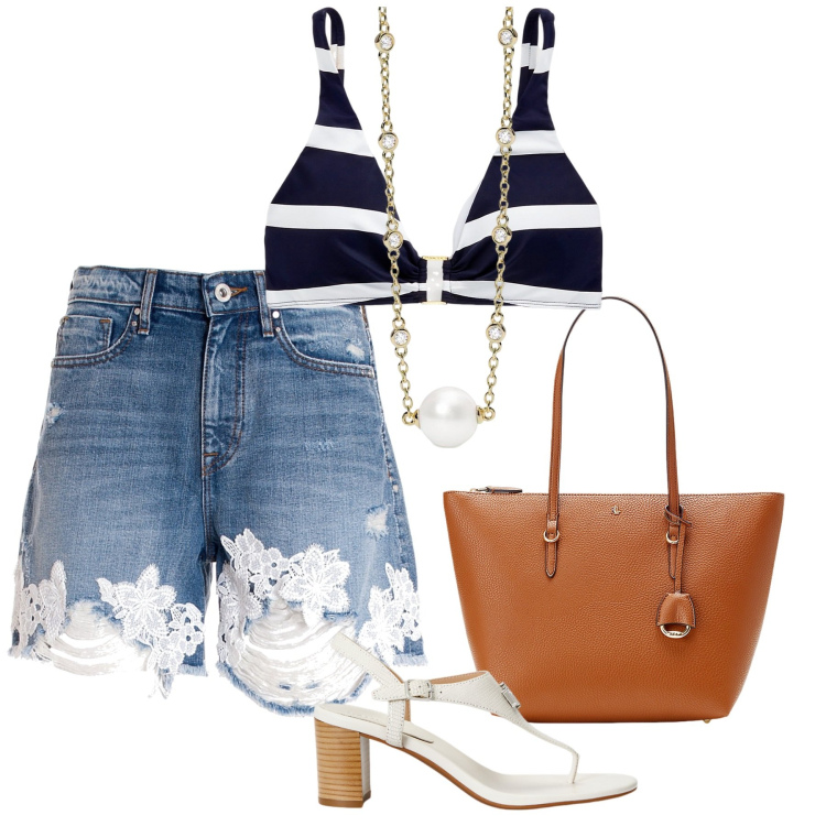 Outfit donna - Il pizzo agli orli. Stile Casual chic per Tutti i giorni. Abbinamento con collane, pantaloni corti, borse tote, top, sandali in pelle.