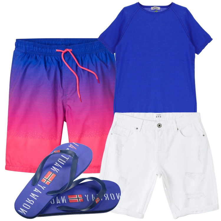 Outfit uomo - Mare. Stile Casual per Mare. Abbinamento con costumi, bermuda, t-shirt, sandali.