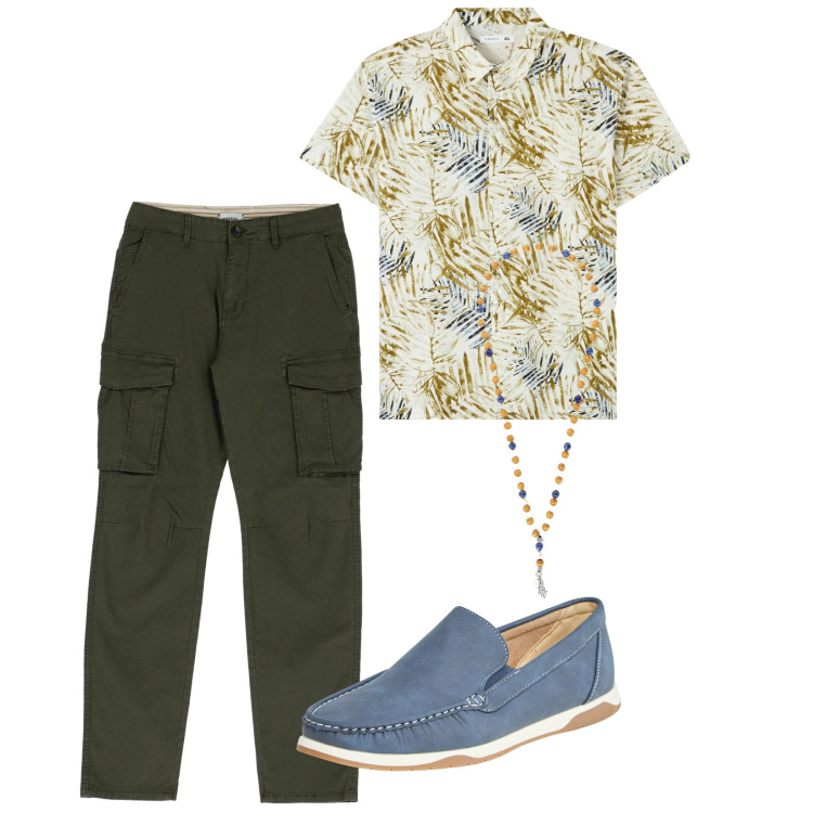 Outfit uomo - Estate in città. Stile Trendy per Tutti i giorni. Abbinamento con camicie a manica corta, scarpe stringate, pantaloni cargo, collane.