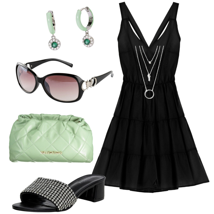 Outfit donna - Apericena in compagnia. Stile Casual chic per Tutti i giorni. Abbinamento con ciondoli, occhiali da sole, ciabatte, orecchini, vestiti corti, borse a spalla.