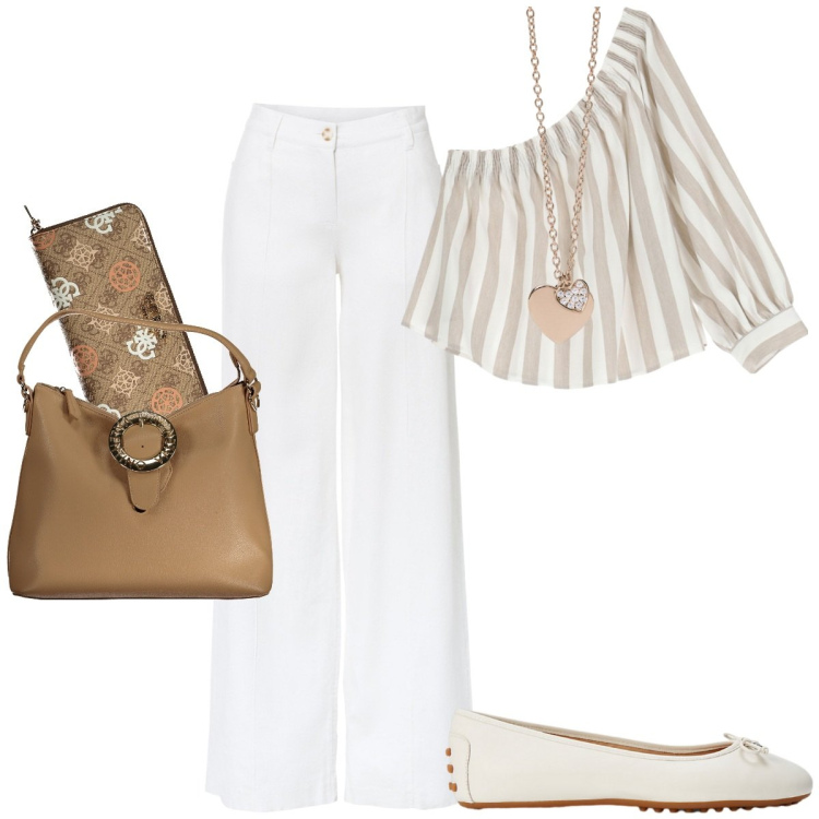 Outfit donna - Total look #1925616. Stile Casual per Ufficio. Abbinamento con pantaloni a palazzo, ciondoli, camicie, ballerine, borse a spalla, portafogli.