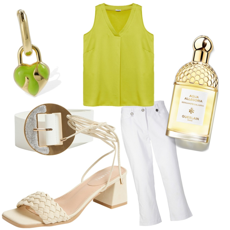 Outfit donna - Pantalone capri bianco. Stile Basic per Tutti i giorni. Abbinamento con pantaloni capri, profumi, cinture, sandali alla schiava, top, orecchini.