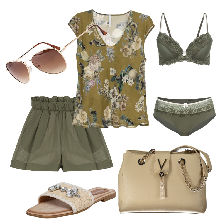 Outfit donna - L’intimo sempre abbinato. Stile Trendy per Tutti i giorni. Abbinamento con occhiali da sole, reggiseni, ciabatte, shorts, canottiere, borse a spalla.