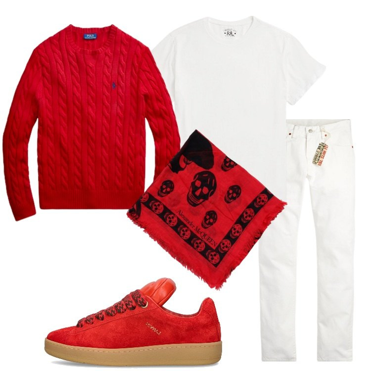 Outfit uomo - Rosso e bianco. Stile Trendy per Serata speciale. Abbinamento con t-shirt, jeans slim fit, maglieria, sneakers, sciarpe.
