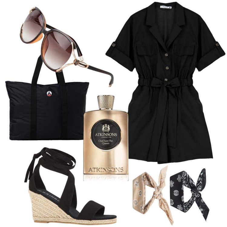 Outfit donna - Mini abito con gli shorts e zeppe. Stile Trendy per Tutti i giorni. Abbinamento con occhiali da sole, sandali, profumi, fasce per capelli, vestiti corti, borse tote.