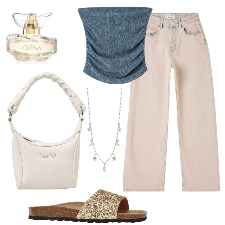 Outfit donna - Minimal e glamour. Stile Minimal per Tutti i giorni. Abbinamento con ciabatte, profumi, jeans, top, collane, borse a tracolla.