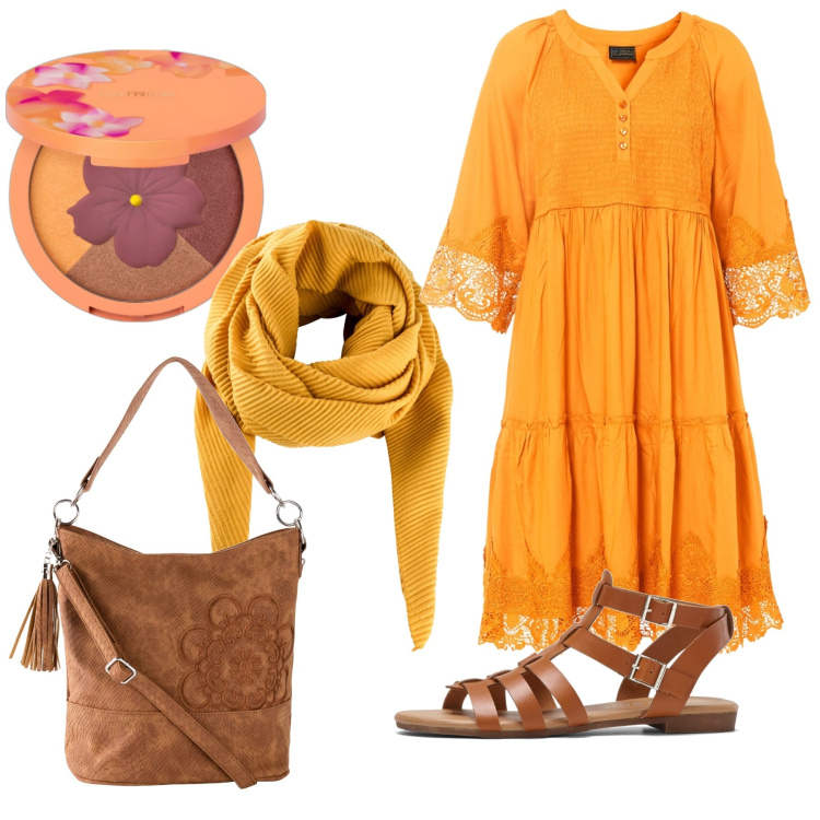 Outfit donna - Colori solari. Stile Boho per Tutti i giorni. Abbinamento con borse a mano, foulard, sandali, vestiti chemisier, ombretti.