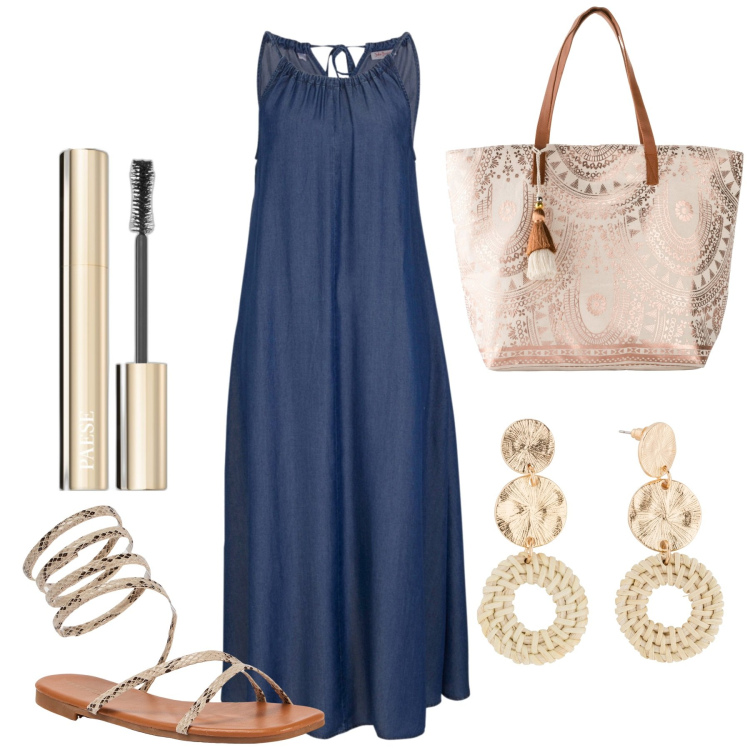 Outfit donna - Semplice ma d\'effetto. Stile Chic per Serata fuori. Abbinamento con vestiti, orecchini, shopping bag, mascara, sandali.