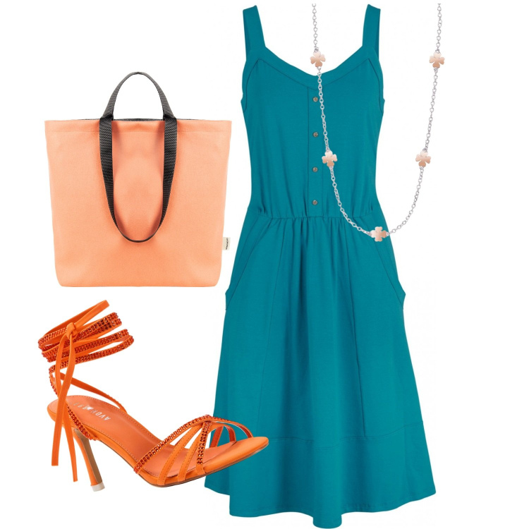 Outfit donna - La borsa Rinascimento. Stile Casual chic per Tutti i giorni. Abbinamento con vestiti midi/longuette, sandali alla schiava, collane, borse tote.