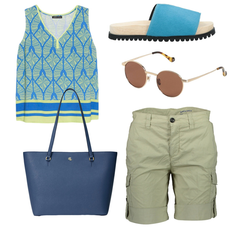 Outfit donna - Per negozi. Stile Casual chic per Tutti i giorni. Abbinamento con sandali in pelle, borse tote, bermuda, occhiali da sole, top.