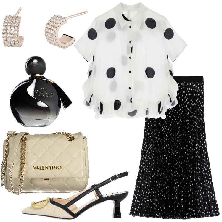Outfit donna - Tutto a pois. Stile Bon Ton per Serata fuori. Abbinamento con profumi, orecchini, gonne longuette, camicie a manica corta, sandali in pelle, borse a tracolla.