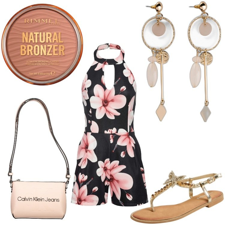 Outfit donna - Sono io il fiore più bello. Stile Basic per Mare. Abbinamento con orecchini, tute, terre, sandali gioiello, borse a tracolla.