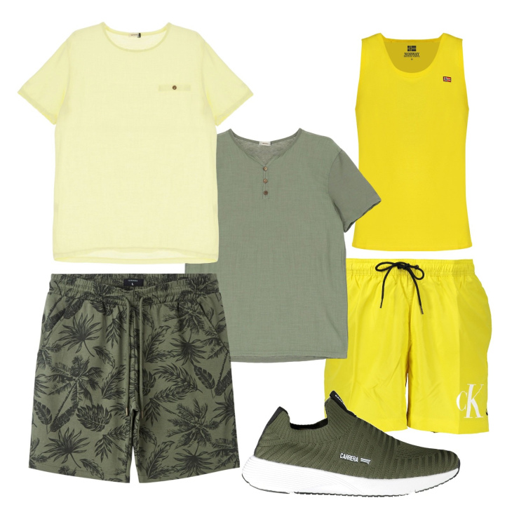Outfit uomo - Colori complementari!!!. Stile Casual per Mare. Abbinamento con bermuda, t-shirt, t-shirt, sneakers, canottiere, costumi.