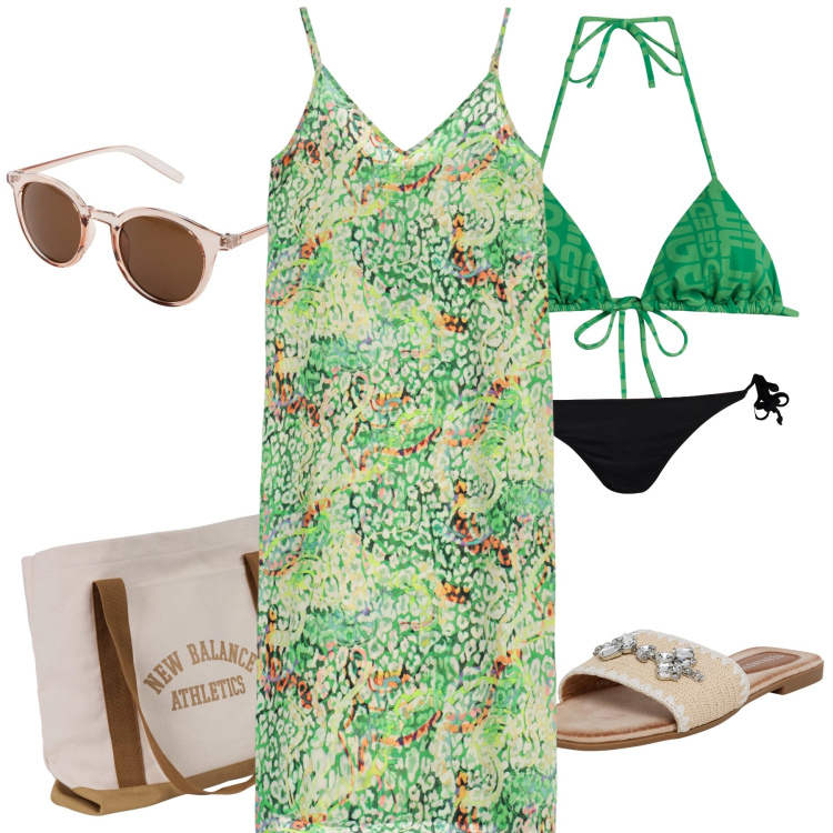 Outfit donna - Total look for the beach. Stile Basic per Mare. Abbinamento con occhiali da sole, ciabatte, borse tote, vestiti lunghi, bikini, costumi.