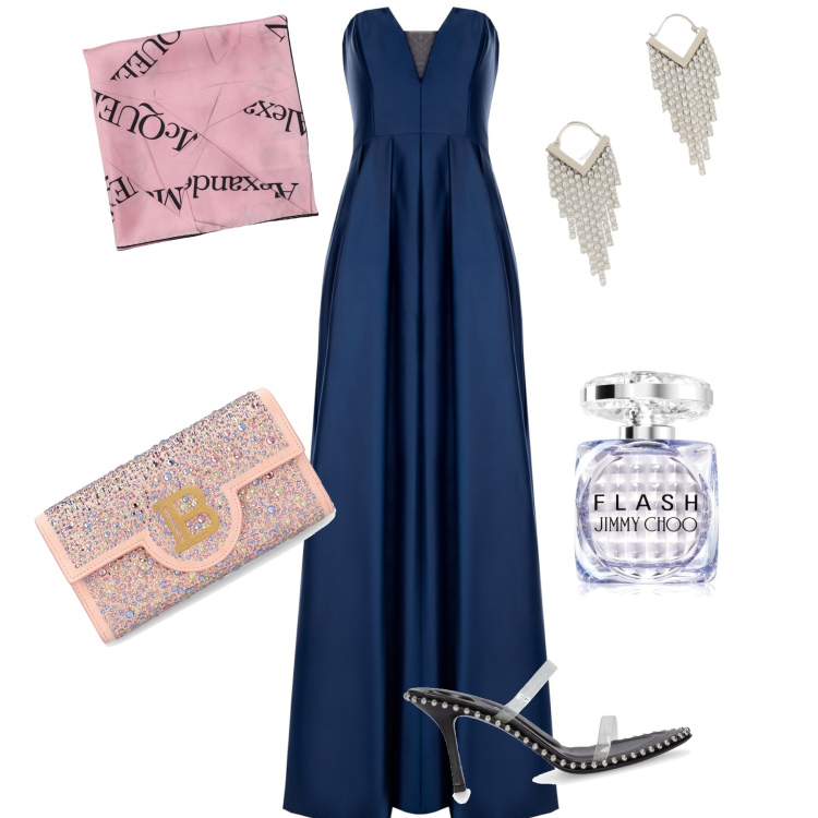 Outfit donna - Seratissima. Stile Glamour per Serata fuori. Abbinamento con profumi, vestiti lunghi, sandali col tacco, pochette, orecchini, foulard.