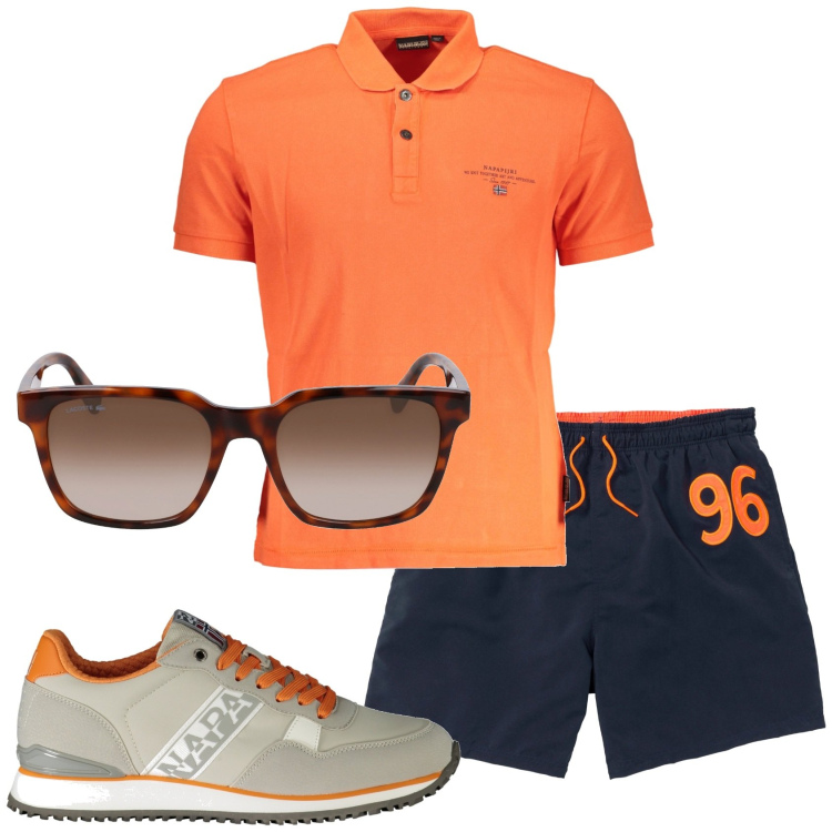 Outfit uomo - Total look #1925666. Stile Casual per Sport. Abbinamento con pantaloni corti, sneakers, polo, occhiali da sole.
