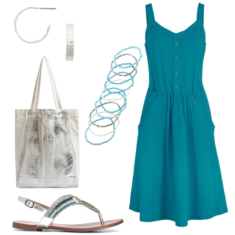 Outfit donna - Al mattino tra i negozi al mare. Stile Casual per Tutti i giorni. Abbinamento con braccialetti, vestiti midi/longuette, ciabatte, shopping bag, orecchini.