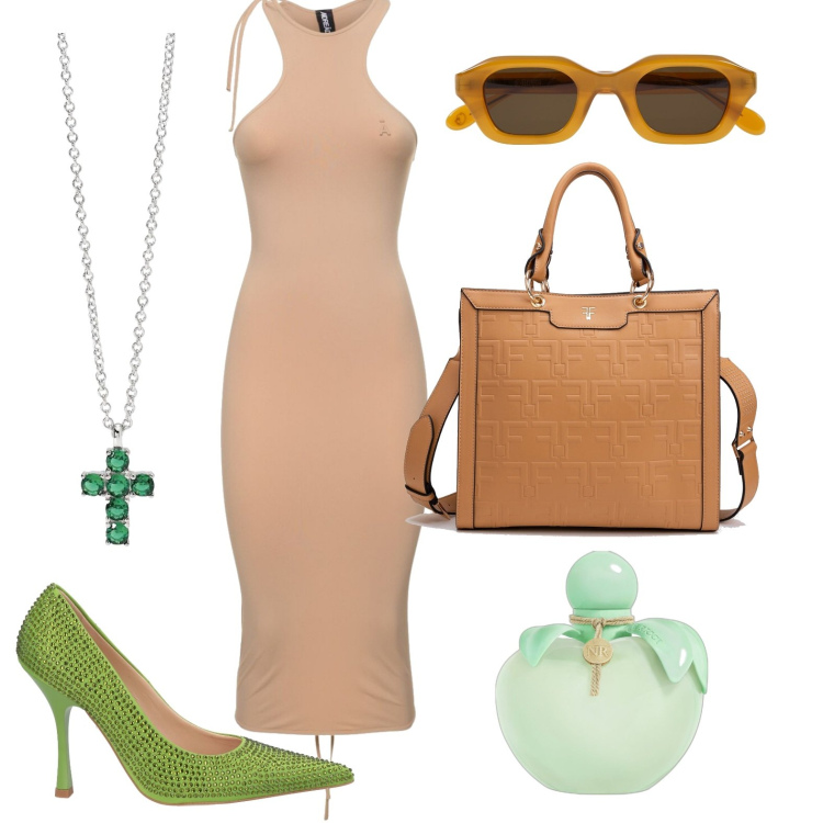 Outfit donna - Il vestito brown. Stile Basic per Tutti i giorni. look ideale per Petite. Abbinamento con décolleté, profumi, ciondoli, borse tote, vestiti midi/longuette, occhiali da sole.
