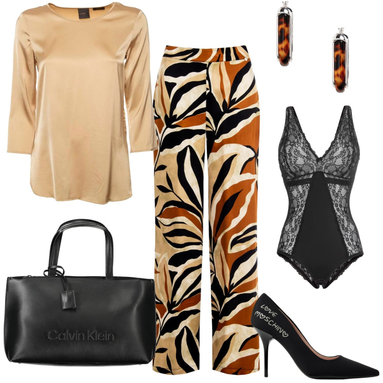 Outfit donna - Pantaloni a palazzo crème caramel. Stile Bon Ton per Tutti i giorni. Abbinamento con body, pantaloni a palazzo, orecchini, bluse, décolleté, borse a spalla.