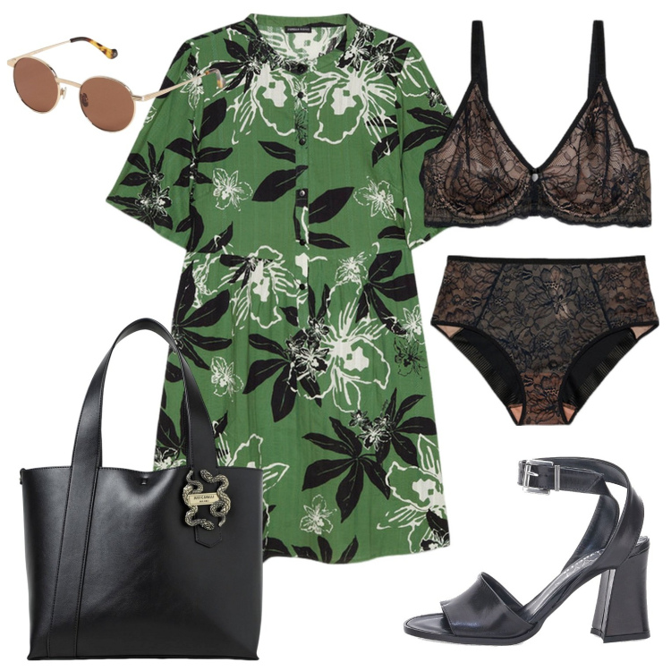 Outfit donna - A cena sul lungomare. Stile Chic per Serata fuori. Abbinamento con reggiseni, culotte, vestiti lunghi, sandali in pelle, shopping bag, occhiali da sole.
