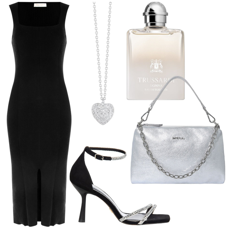 Outfit donna - Total look #1925703. Stile Chic per Serata fuori. Abbinamento con profumi, collane, vestiti midi/longuette, sandali gioiello, pochette.