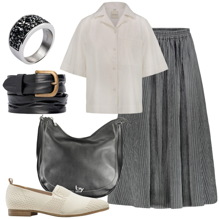 Outfit donna - Minimal in the city. Stile Minimal per Tutti i giorni. Abbinamento con anelli, mocassini, gonne, cinture, borse a spalla, camicie.
