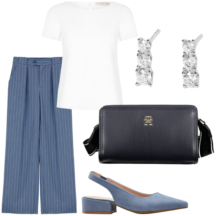 Outfit donna - Total look #1925709. Stile Chic per Ufficio. Abbinamento con décolleté, orecchini, bluse, pantaloni, borse a tracolla.