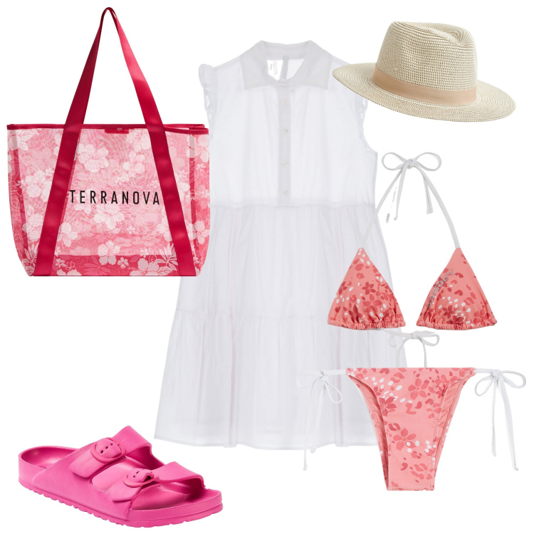Outfit donna - Pronta per la spiaggia. Stile Casual per Mare. Abbinamento con shopping bag, sandali in pelle, cappelli, vestiti corti, bikini, bikini.