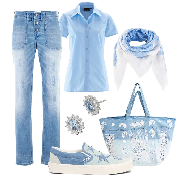 Outfit donna - Cielo azzurro in città. Stile Casual per Tutti i giorni. Abbinamento con jeans boyfriend, camicie a manica corta, foulard, shopping bag, orecchini, sneakers.
