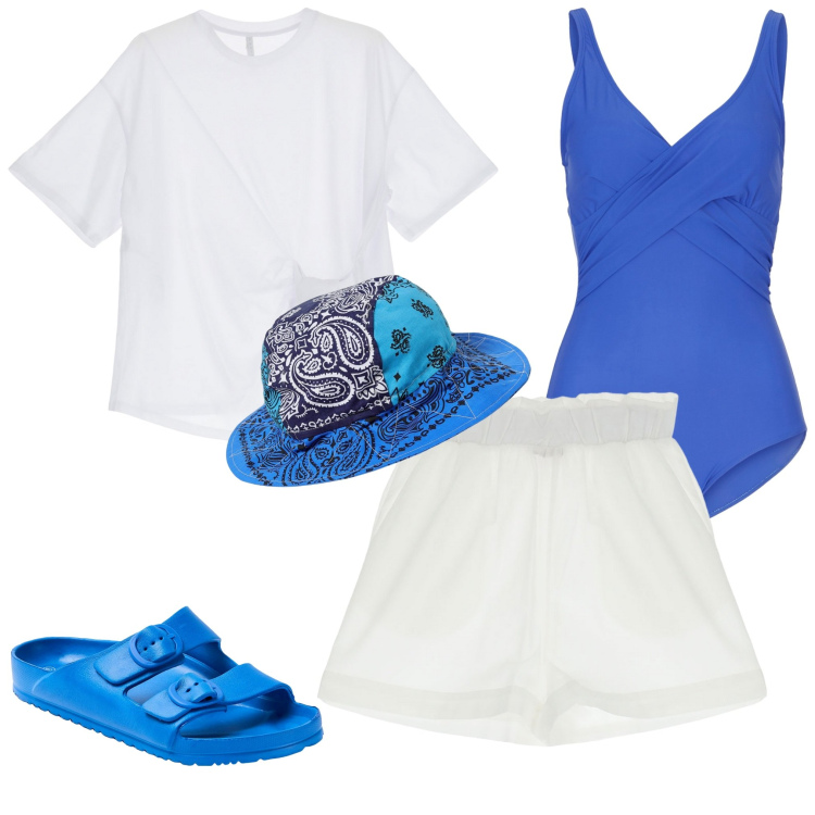 Outfit donna - Al mare. Stile Casual per Mare. Abbinamento con costumi interi, sandali in pelle, t-shirt, shorts, cappelli.