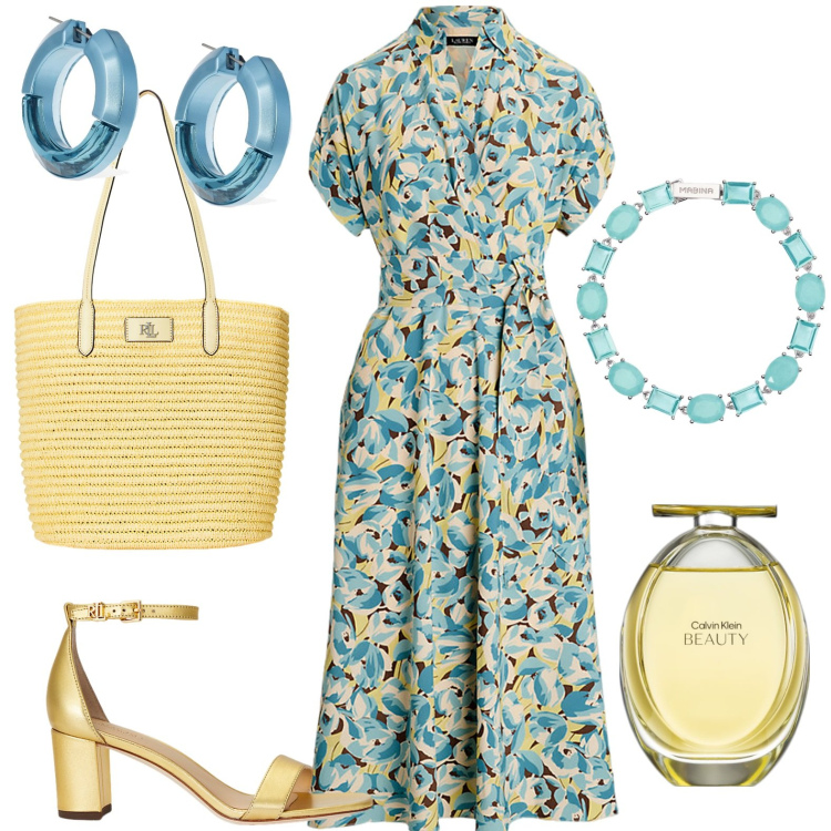 Outfit donna - Total look #1925722. Stile Casual per Tutti i giorni. Abbinamento con profumi, braccialetti, vestiti, borse tote, sandali in pelle, orecchini.