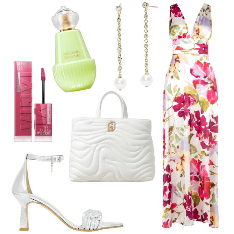 Outfit donna - Pronta per la cerimonia. Stile Glamour per Cerimonia. Abbinamento con profumi, rossetti, orecchini, vestiti lunghi, décolleté, borse a mano.