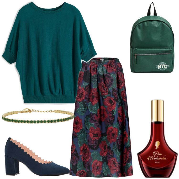 Outfit donna - Total look #1925751. Stile Casual chic per Tutti i giorni. Abbinamento con maglieria, décolleté, profumi, zaini, braccialetti, gonne.