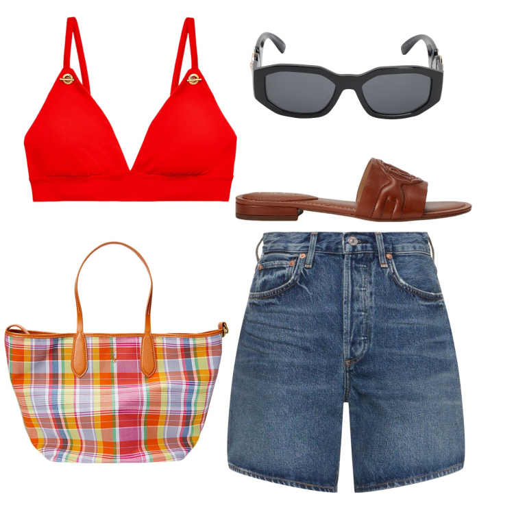 Outfit donna - Top rosso e borsa tartan. Stile Casual chic per Tutti i giorni. Abbinamento con top, sandali in pelle, borse tote, occhiali da sole, shorts.