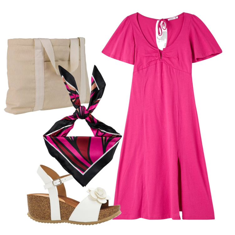 Outfit donna - Rosa Shocking. Stile Bon Ton per Ufficio. Abbinamento con sandali, vestiti, foulard, shopping bag.