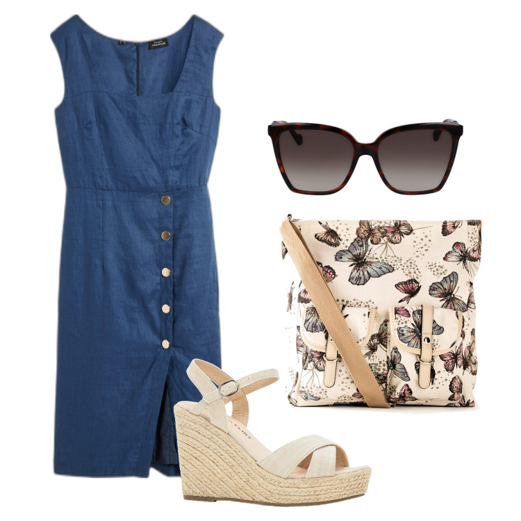 Outfit donna - Denim leggero. Stile Bon Ton per Ufficio. Abbinamento con borse a tracolla, vestiti, sandali, occhiali da sole.