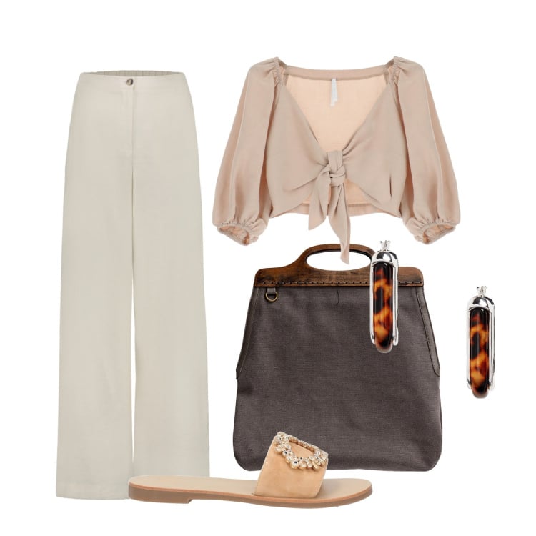 Outfit donna - Lineare e rotonda. Stile Bon Ton per Tutti i giorni. Abbinamento con sandali in pelle, top, orecchini, borse a tracolla, pantaloni.